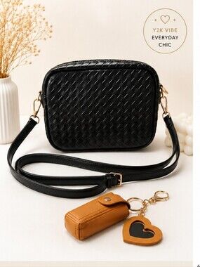 WOVEN CROSSBODY BAG - BLACK + LIPSTICK CASE